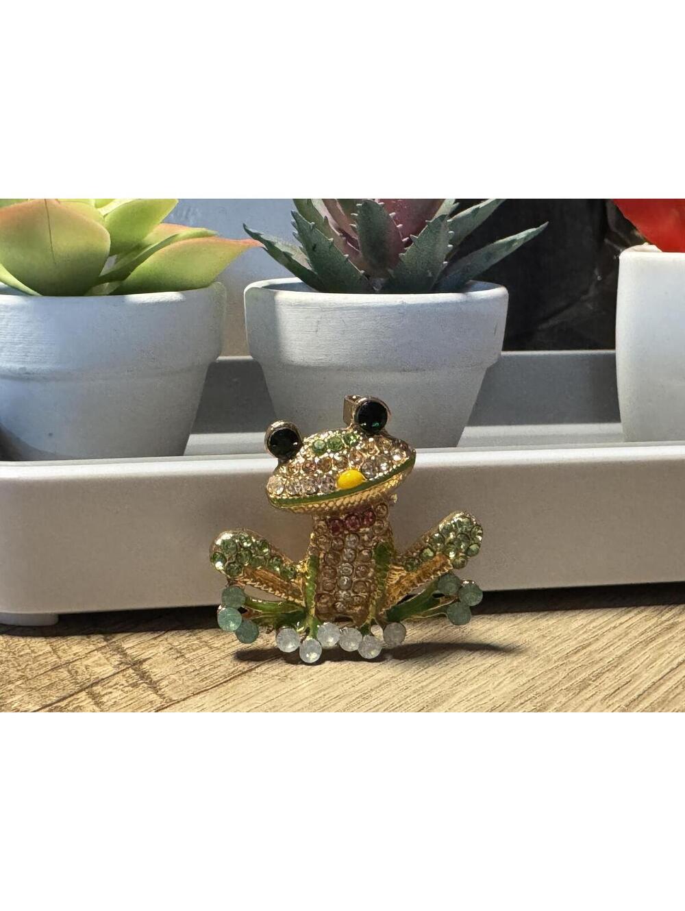 Gold Tone Rhinestone Frog Brooch Pin